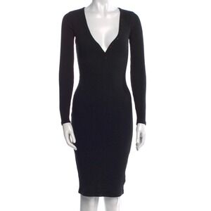 INTERMIX Black Ribbed Henley V Neck Long Sleeve Bodycon Midi Dress Size L